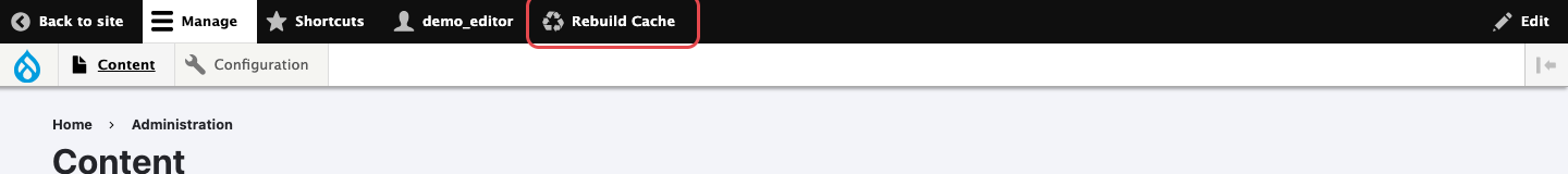 Rebuild Cache button in the toolbar for a content editor