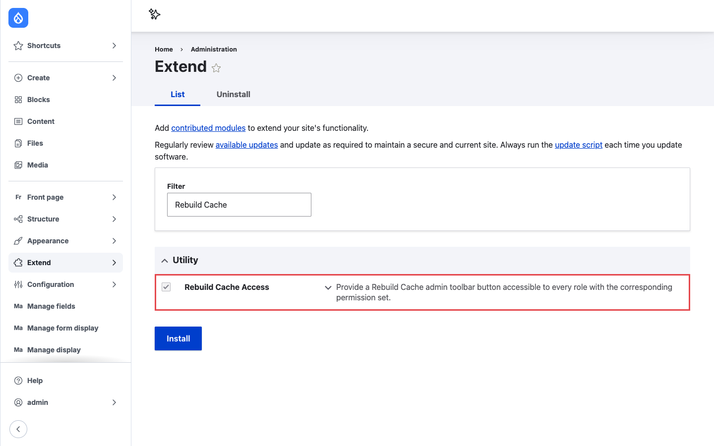 The Extend page filtered to Rebuild Cache Access