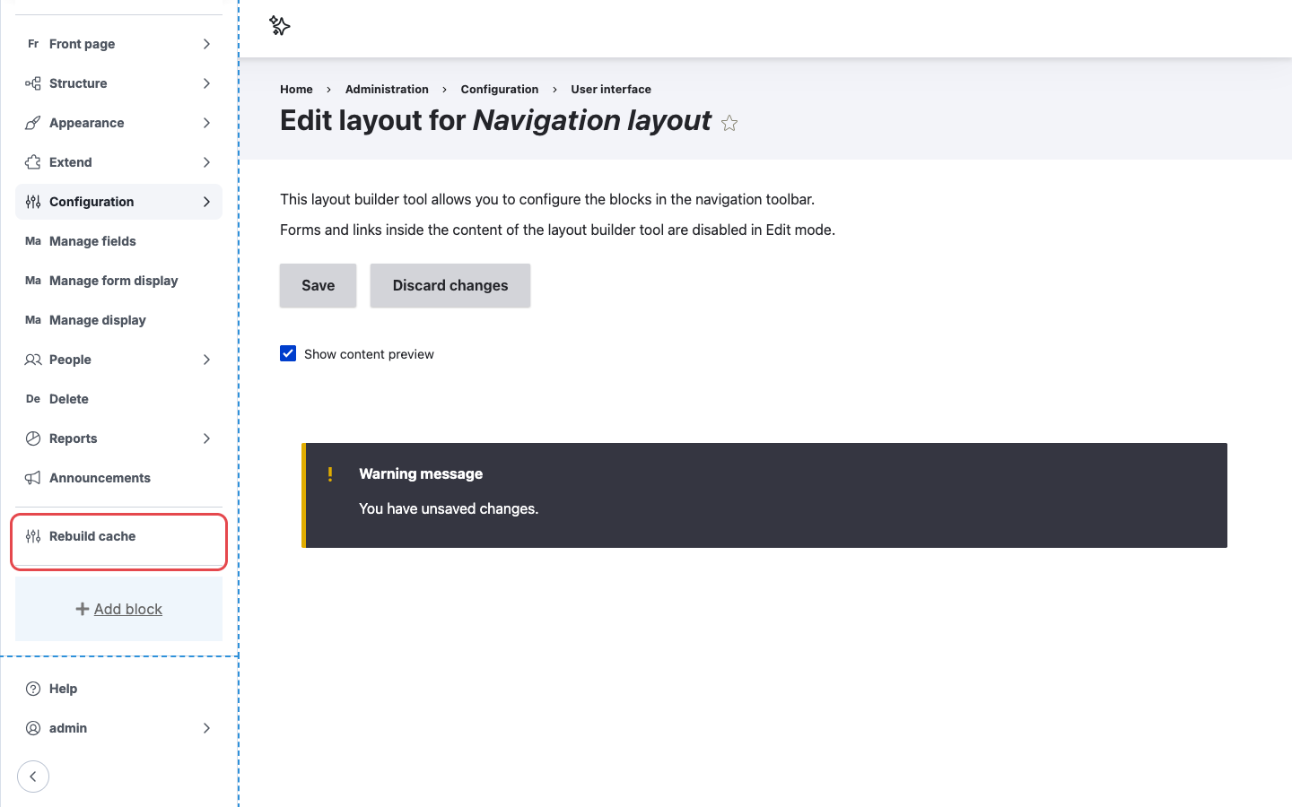 The Rebuild cache block in the Navigation layout editor