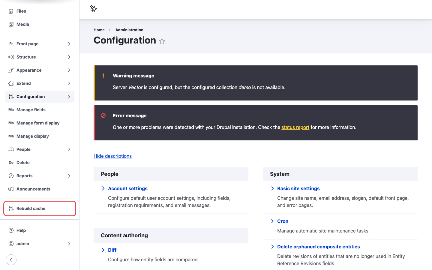 The Rebuild cache link in the Navigation sidebar