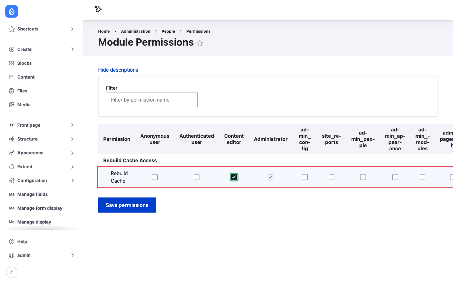 The Rebuild Cache permission checked for the Content editor role