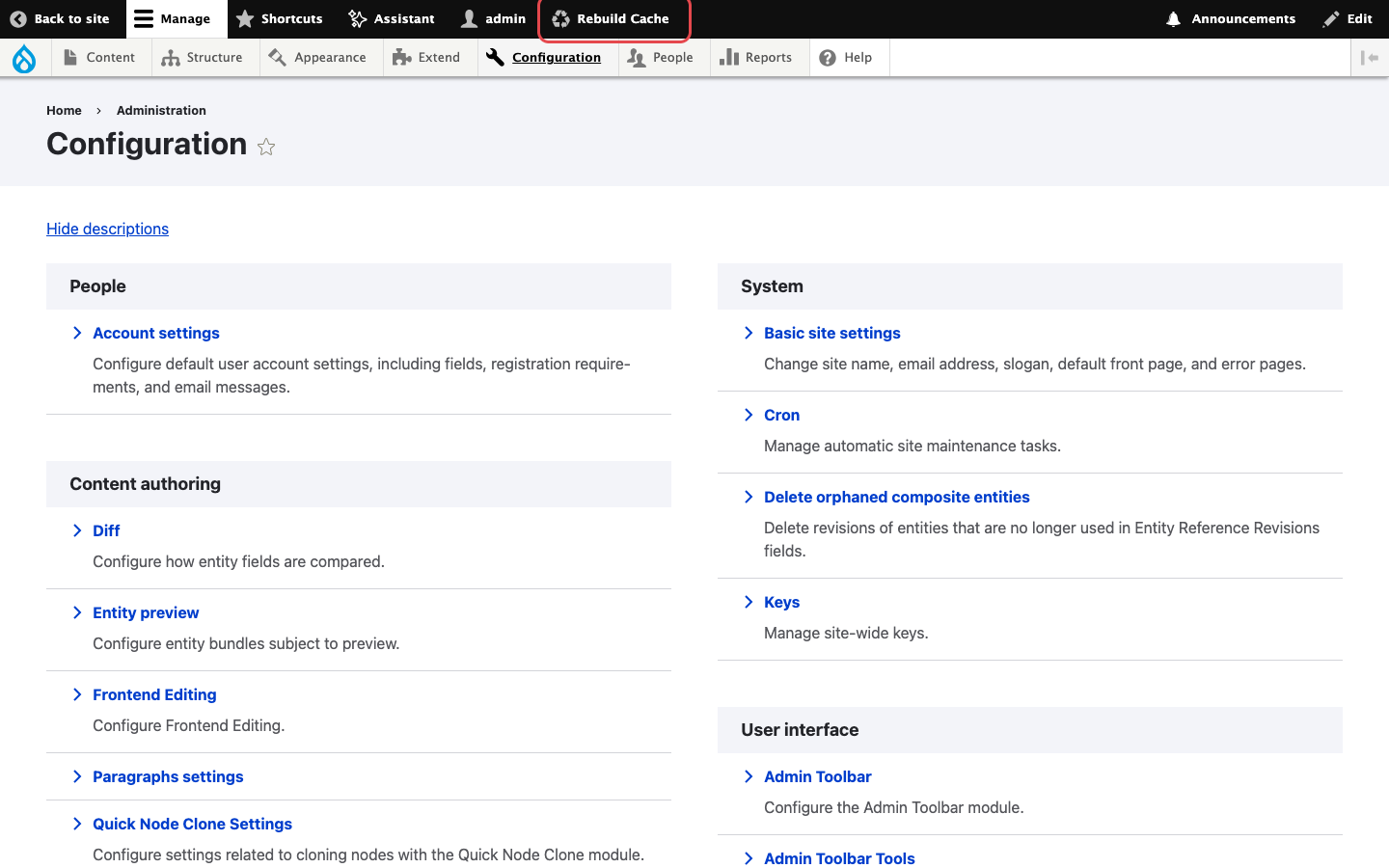 Rebuild Cache button in the toolbar for an administrator