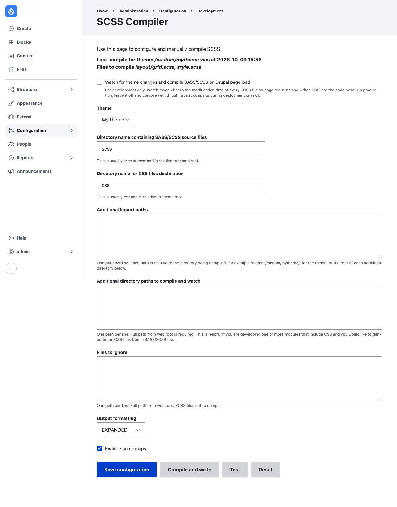 The SCSS Compiler settings page
