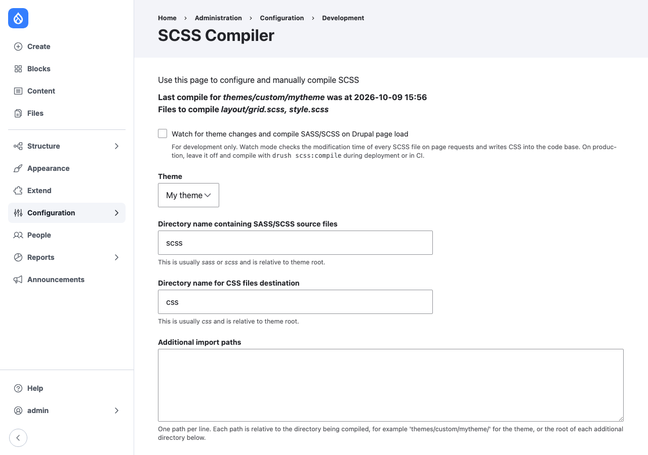 The SCSS Compiler settings page, with the theme, directories, output style and the Compile and write and Test buttons