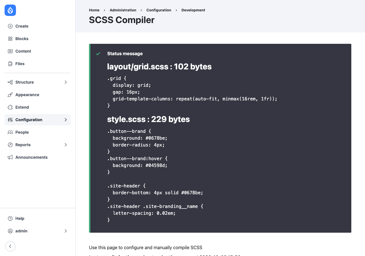 The Test button's output: each compiled file's name, size and CSS