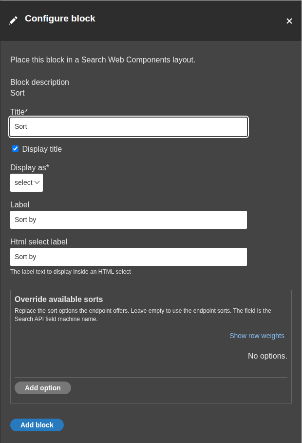 The Sort block form with Display as, Label, Html select label, and the Override available sorts table with Field, Direction, Label, and Alias
