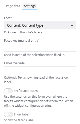 The Settings of Facet checkboxes with Facet set to Content: Content type, Facet key (manual entry), Label override, Prefer attributes, and Show label