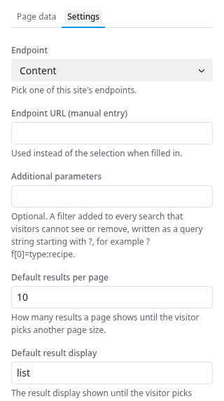 The Settings of the layout with Endpoint set to Content, Endpoint URL (manual entry), Additional parameters, Default results per page, and Default result display
