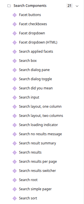 The Search Components folder in the Library, from Facet buttons to Search sort