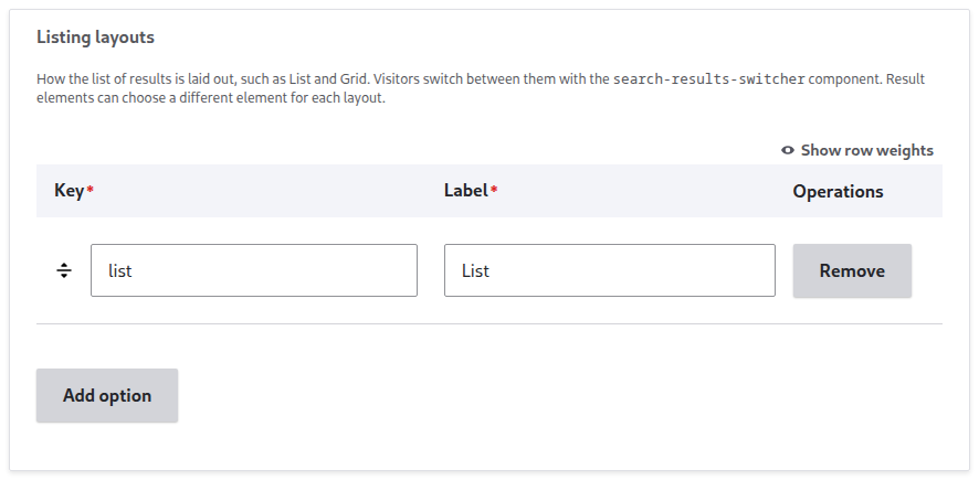 The Listing layouts table with the key list and the label List, and the Add option button