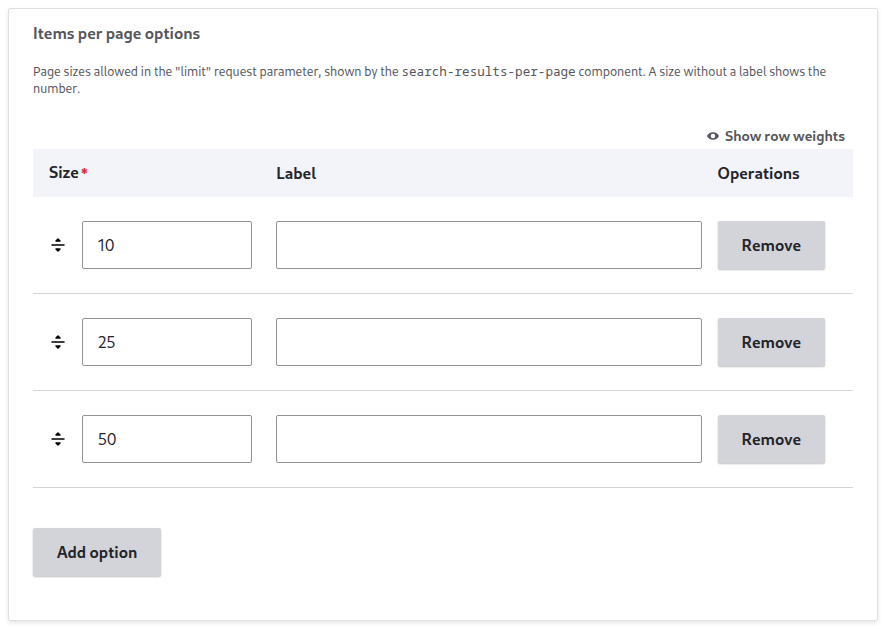 The Items per page options table with the sizes 10, 25, and 50 and the Add option button