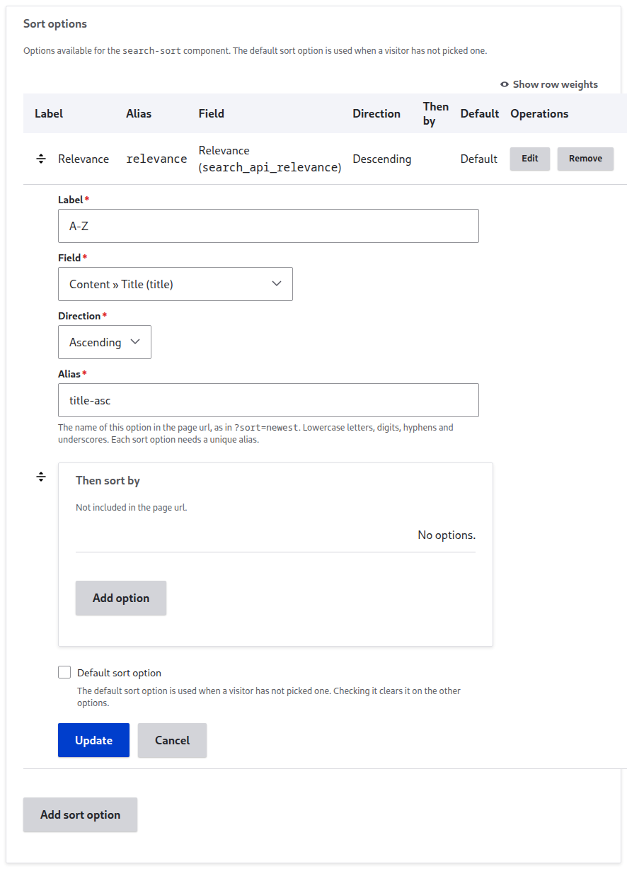 The Sort options table with Relevance as the default and the A-Z option open with Label, Field, Direction, Alias, Then sort by, and Default sort option