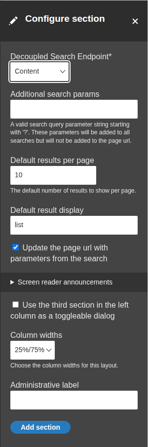 The Configure section form of the two-column layout with Decoupled Search Endpoint, Additional search params, Default results per page, and the other settings