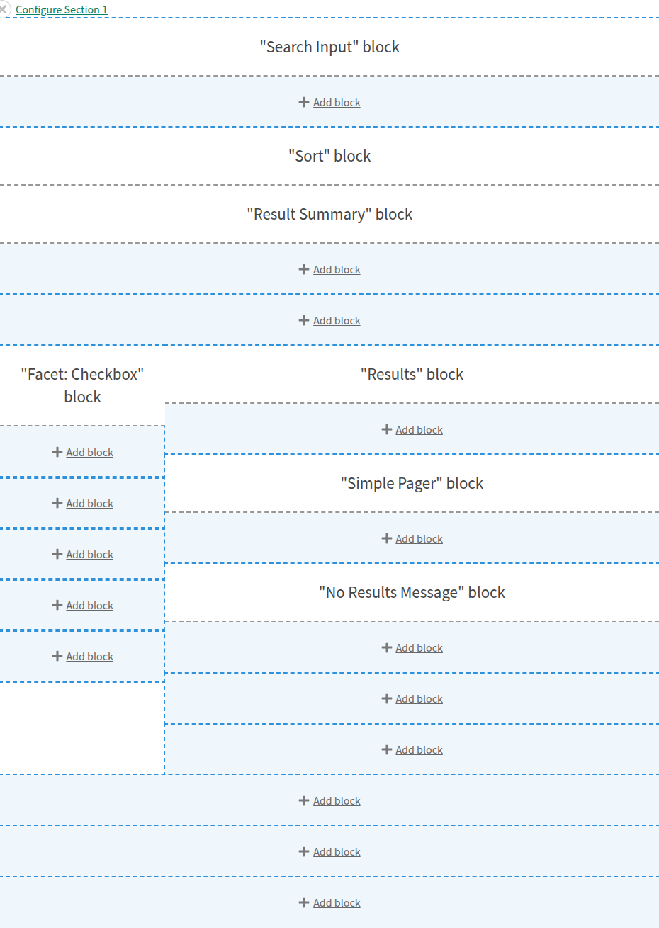 The two-column section with the Search Input, Sort, Result Summary, Facet: Checkbox, Results, Simple Pager, and No Results Message blocks in their regions