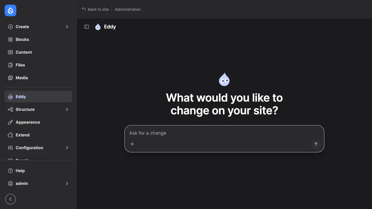 A new chat beside core's Navigation: the Site Agent logo, the question "What would you like to change on your site?" and the message field.