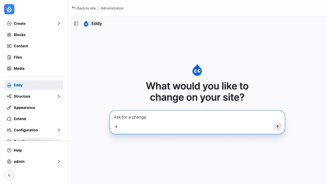 A new chat beside core's Navigation: the Site Agent logo, the question "What would you like to change on your site?" and the message field.