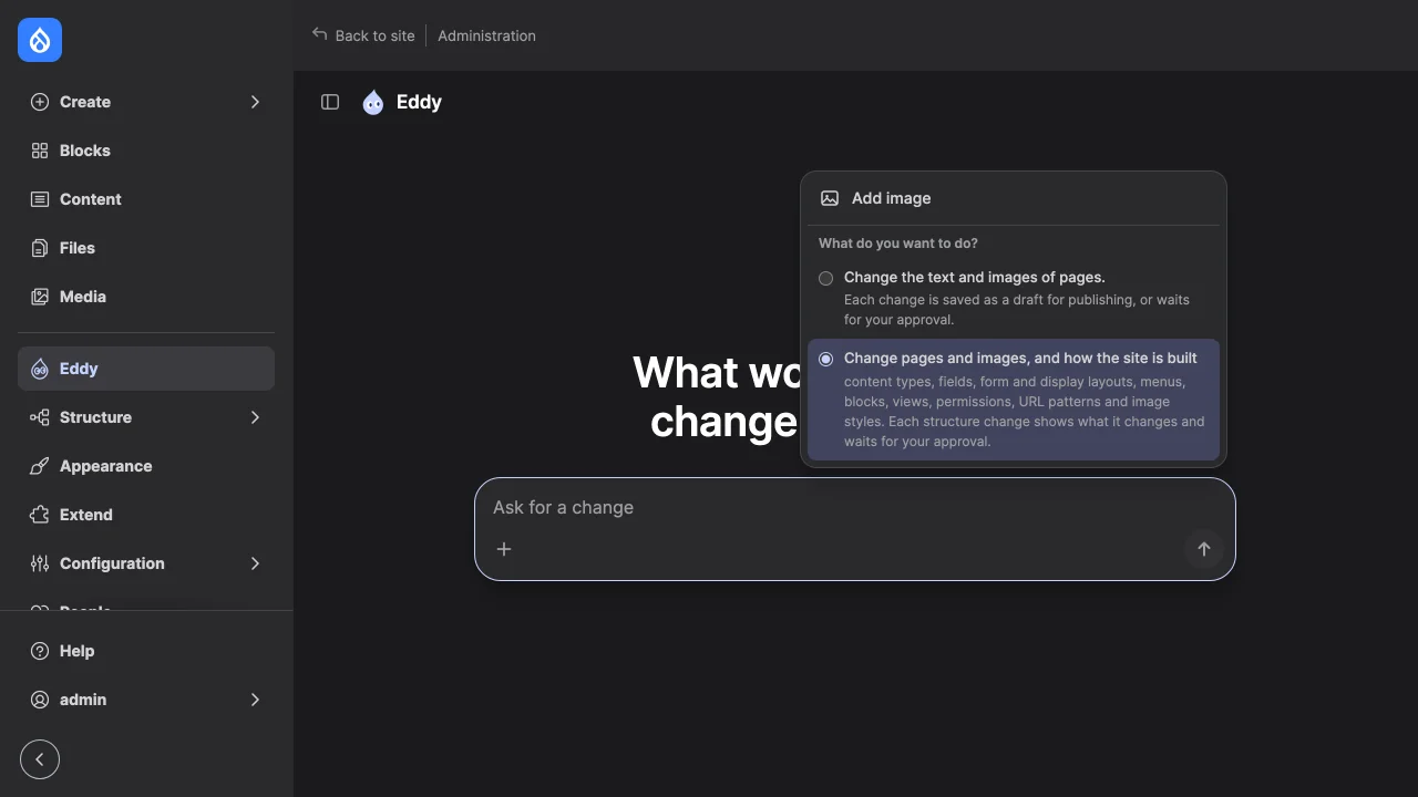 The "+" menu open under the message field: Add image, and the question "What do you want to do?" with the two toolsets, the second chosen.