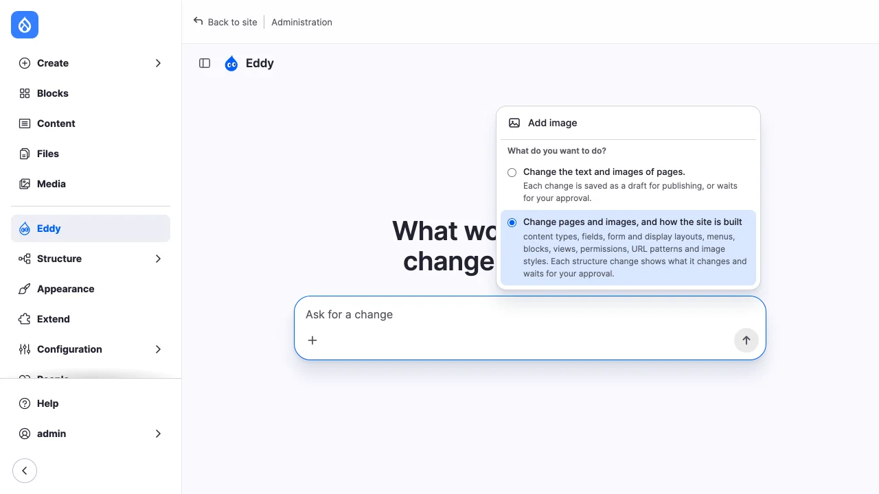 The "+" menu open under the message field: Add image, and the question "What do you want to do?" with the two toolsets, the second chosen.
