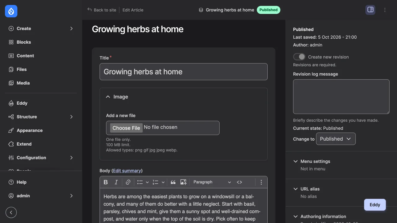 An article's edit form with the button that opens the chat at the lower right.