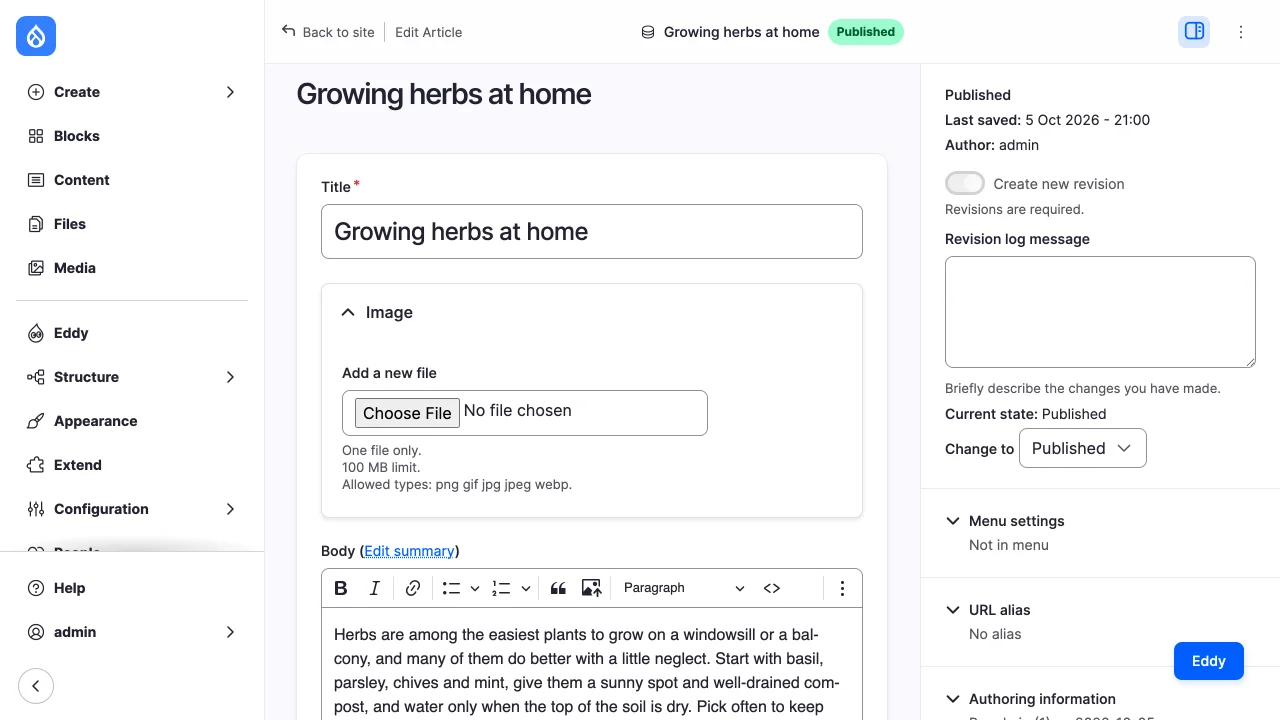 An article's edit form with the button that opens the chat at the lower right.