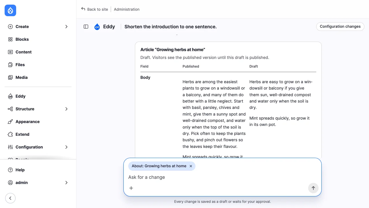 The result card of an edit to that article: a draft, compared field by field with the published version, and the About chip still in the message field.