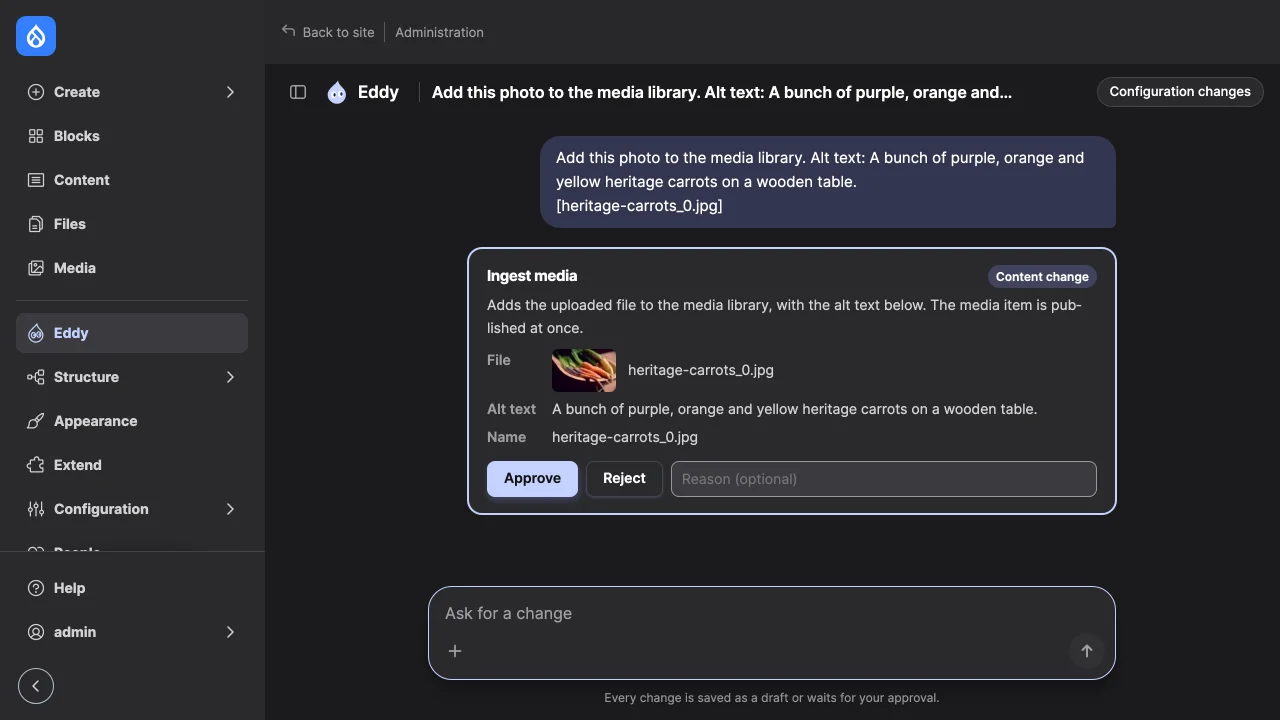 A media upload waiting for approval: the card shows the file's thumbnail, alt text and name, with Approve, Reject and a reason field.