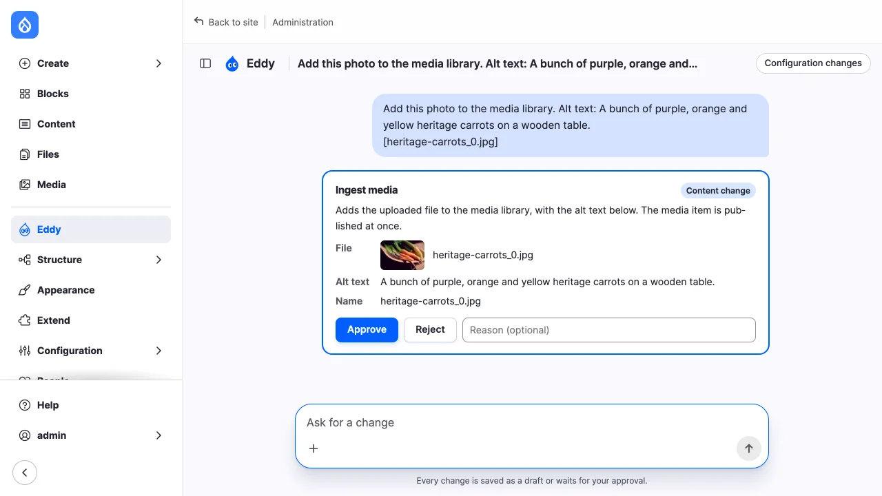 A media upload waiting for approval: the card shows the file's thumbnail, alt text and name, with Approve, Reject and a reason field.