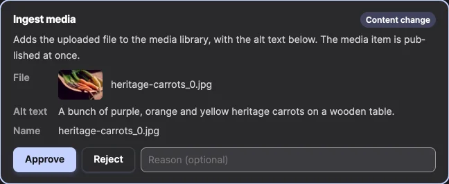The approval card of a media upload, listing the file with its thumbnail, the alt text and the name.