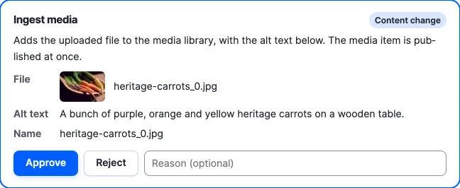The approval card of a media upload, listing the file with its thumbnail, the alt text and the name.
