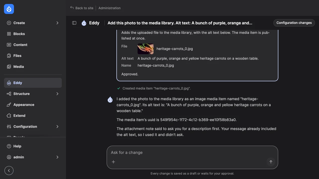 The same card after approval, marked "Approved.", followed by the tool's result line and the agent's reply.