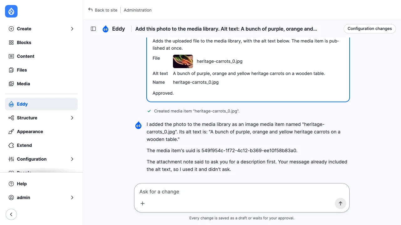 The same card after approval, marked "Approved.", followed by the tool's result line and the agent's reply.