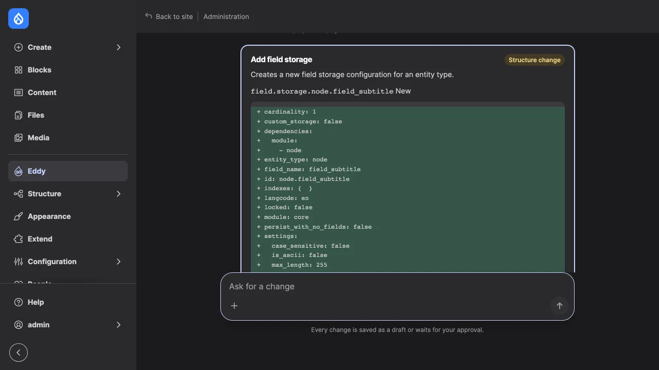A Site builder chat asking to add a Subtitle field: tool result lines, then the approval card of the new field storage with its YAML diff.