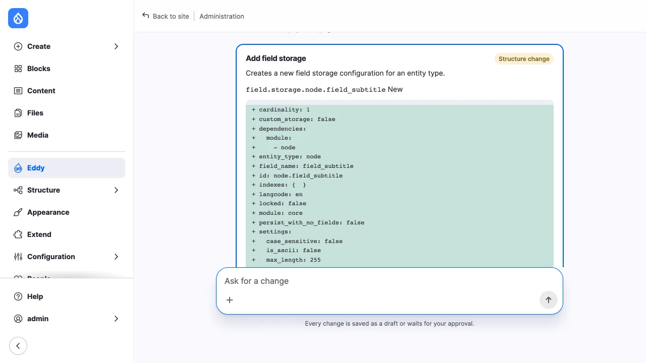 A Site builder chat asking to add a Subtitle field: tool result lines, then the approval card of the new field storage with its YAML diff.