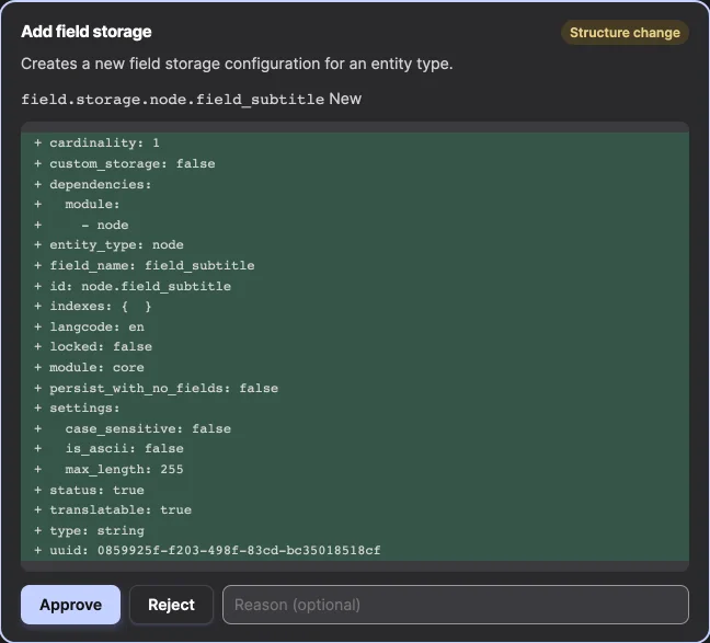 The approval card of a new field storage, marked Structure change, with the YAML of field.storage.node.field_subtitle as added lines.