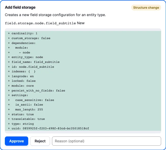 The approval card of a new field storage, marked Structure change, with the YAML of field.storage.node.field_subtitle as added lines.