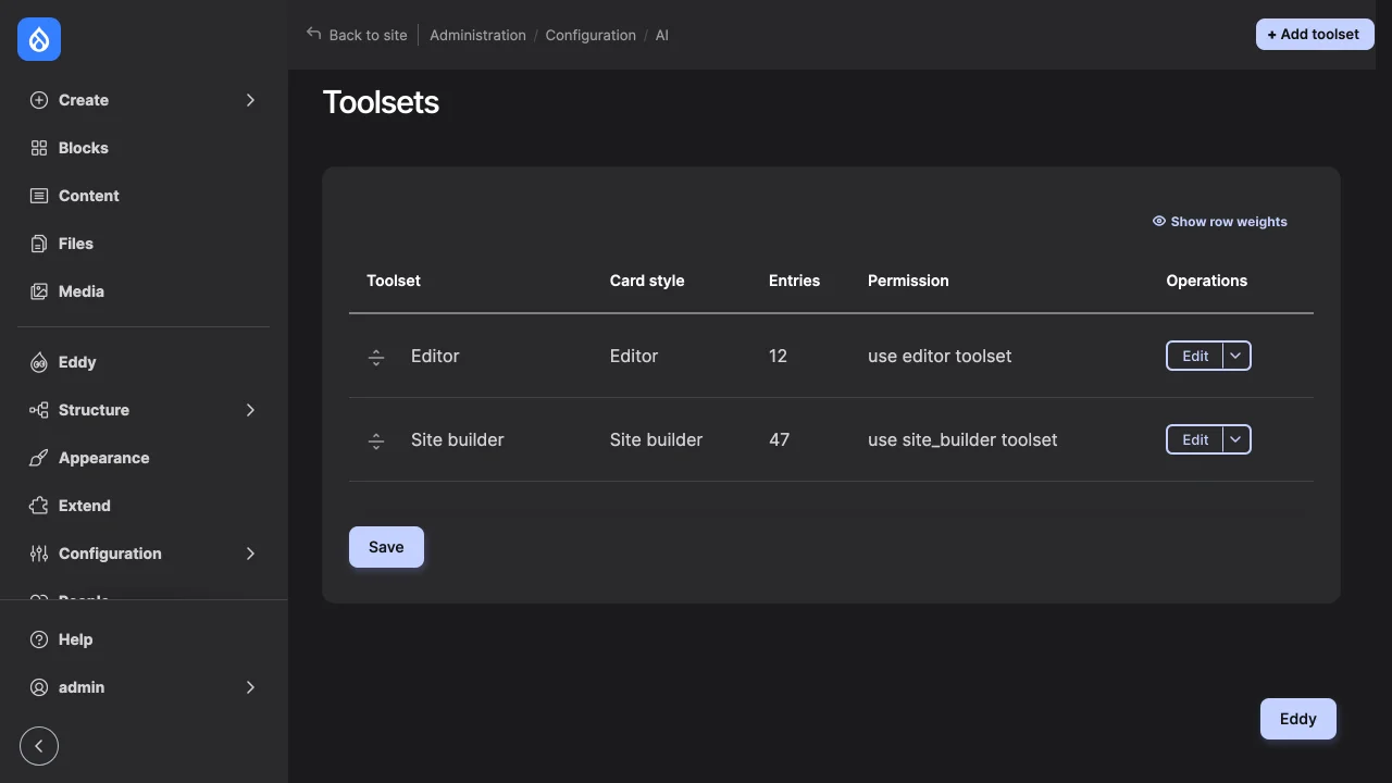 The toolsets list: Editor with 12 entries and Site builder with 47, each with its card style and permission.