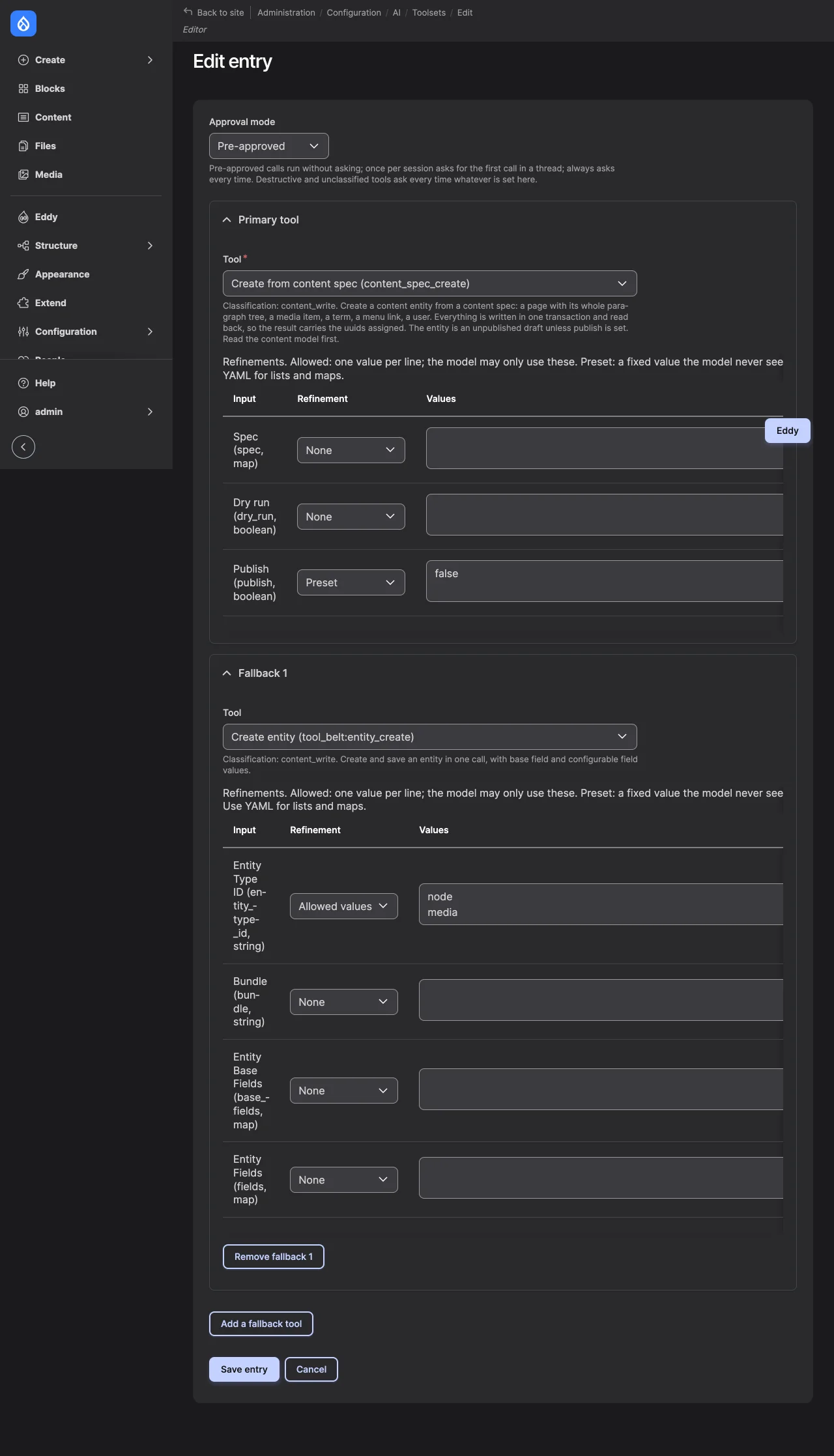 An entry's form: approval mode, the primary tool content_spec_create with publish preset to false, and the fallback tool_belt:entity_create limited to node and media.