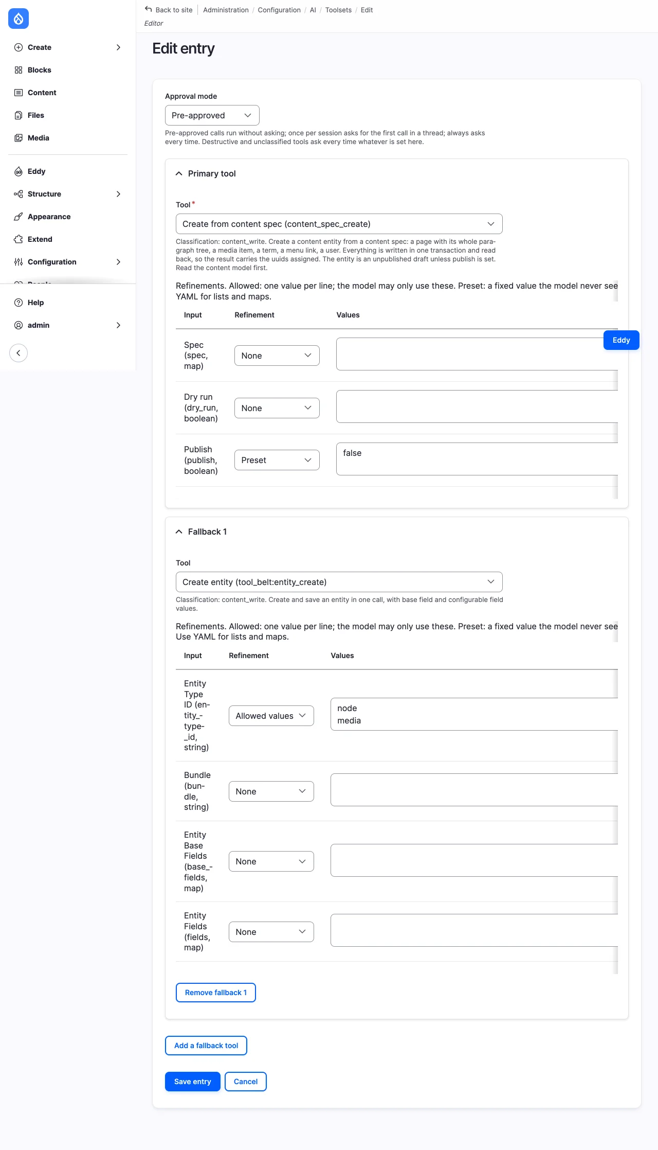 An entry's form: approval mode, the primary tool content_spec_create with publish preset to false, and the fallback tool_belt:entity_create limited to node and media.