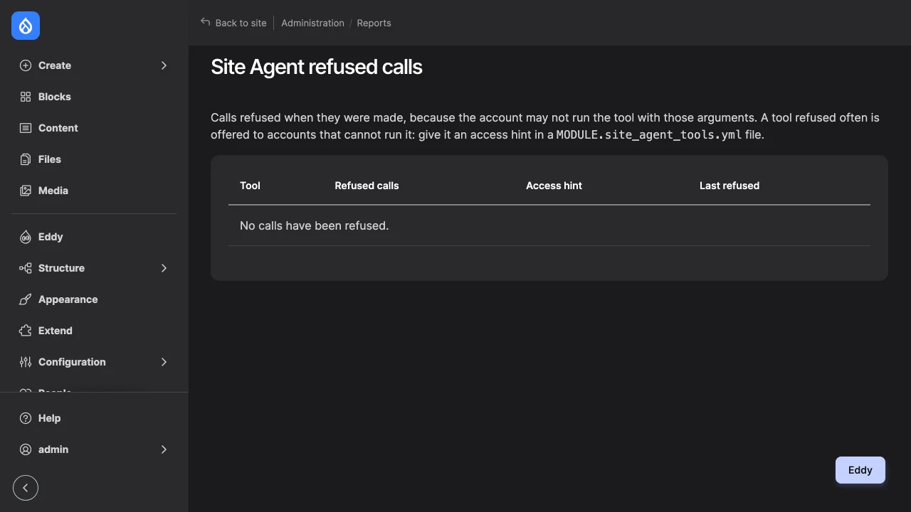 The Site Agent refused calls report with no refused calls.