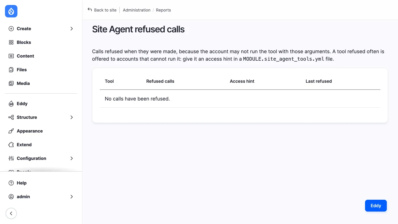 The Site Agent refused calls report with no refused calls.