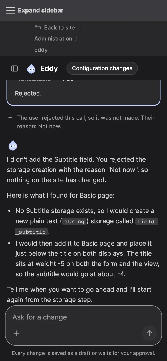 A rejected structure change card and the agent's reply on a phone.
