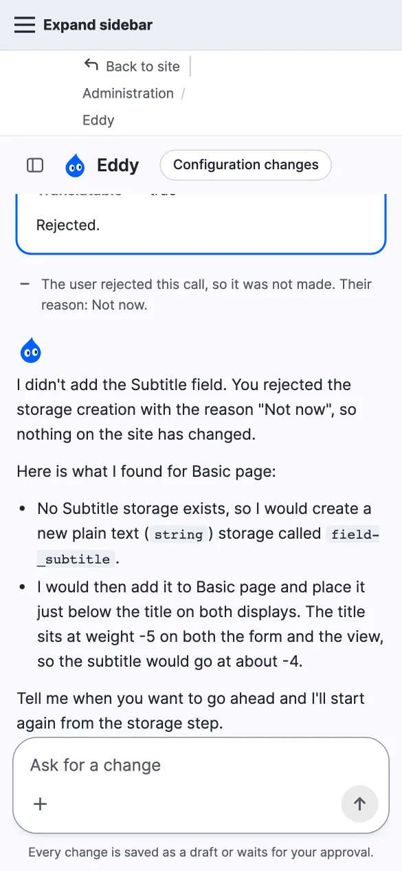 A rejected structure change card and the agent's reply on a phone.