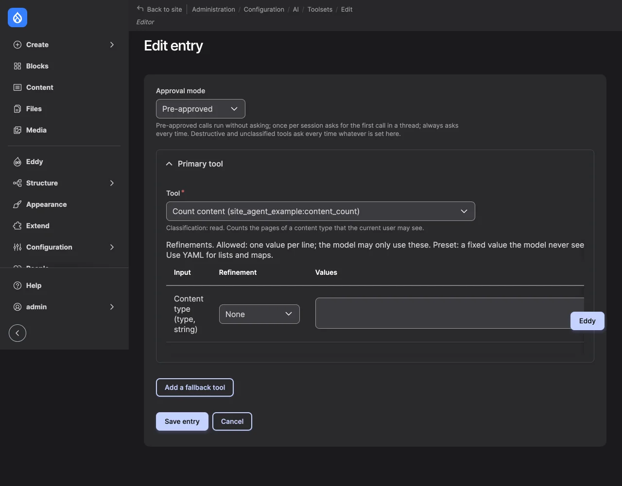 The entry form with "Count content (site_agent_example:content_count)" chosen, "Classification: read.", Pre-approved, and the Content type input without a refinement.