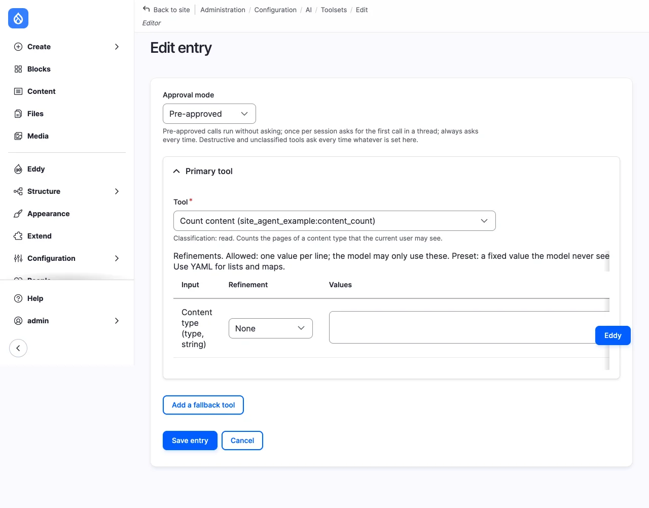 The entry form with "Count content (site_agent_example:content_count)" chosen, "Classification: read.", Pre-approved, and the Content type input without a refinement.