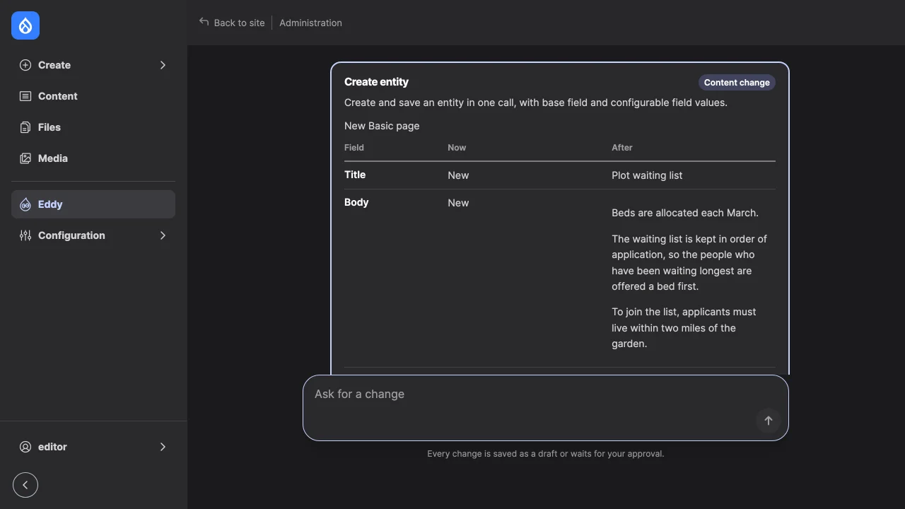 The approval card of a new Basic page: title, body and the Draft status, with Approve and Reject.