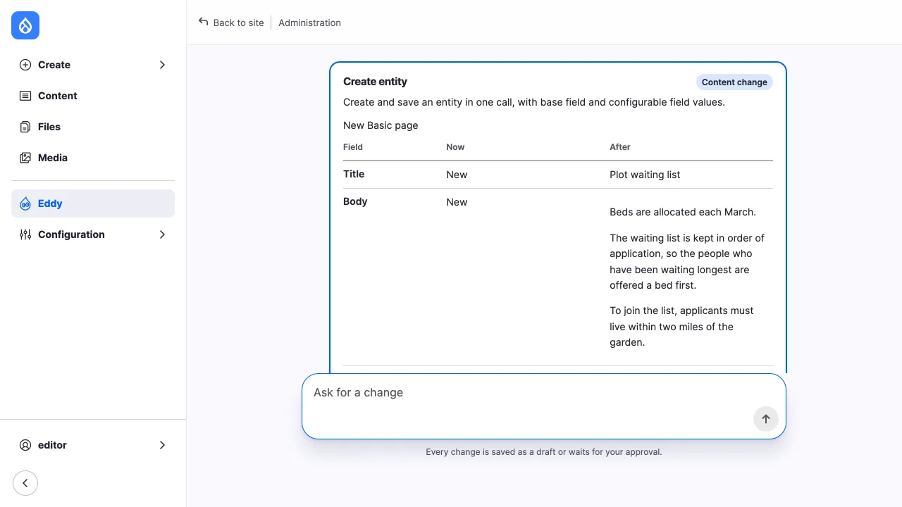 The approval card of a new Basic page: title, body and the Draft status, with Approve and Reject.