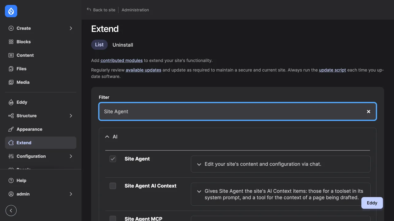 The Extend page filtered to "Site Agent": Site Agent enabled, its four submodules not.