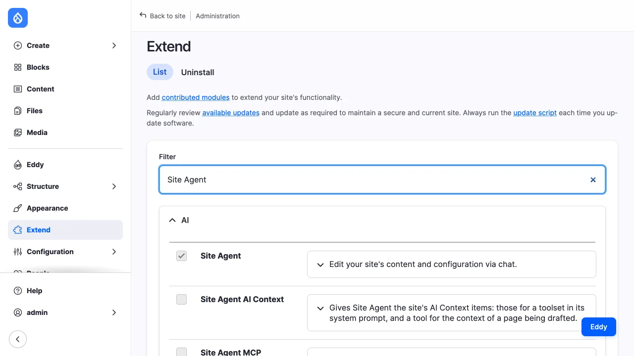 The Extend page filtered to "Site Agent": Site Agent enabled, its four submodules not.