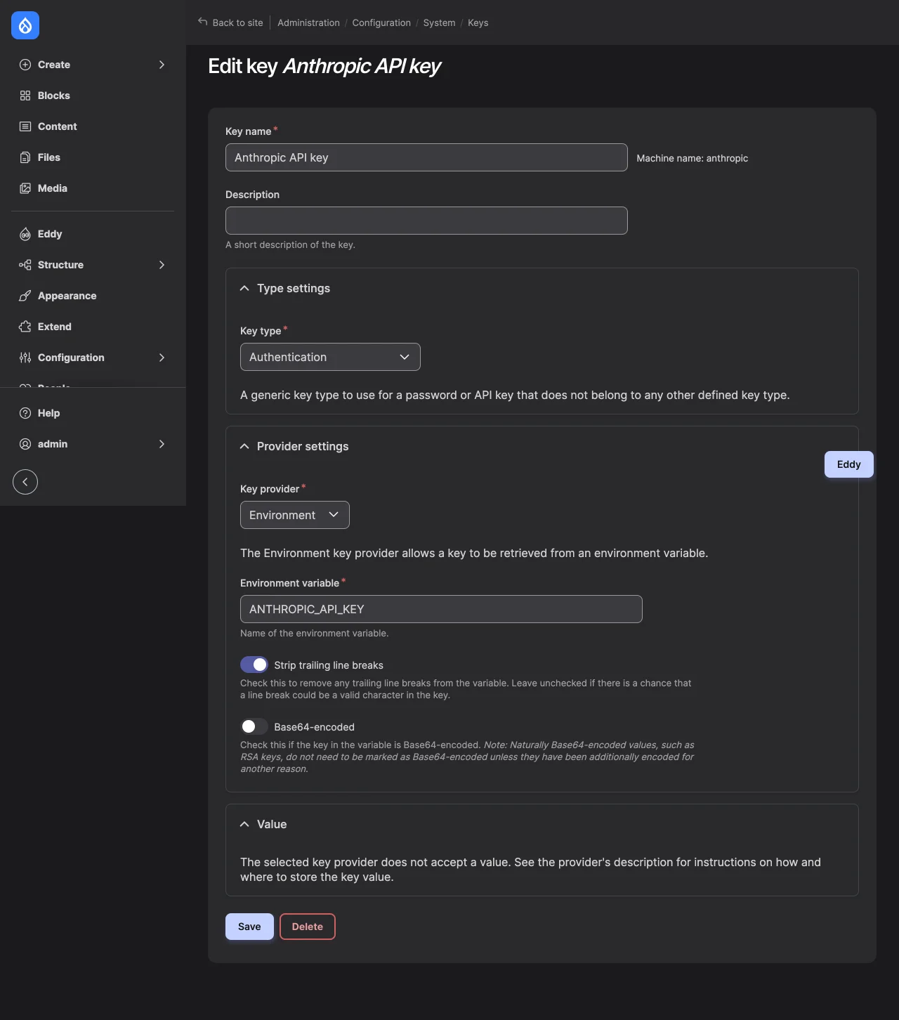 The key's form: Authentication type, the Environment provider and the ANTHROPIC_API_KEY variable.