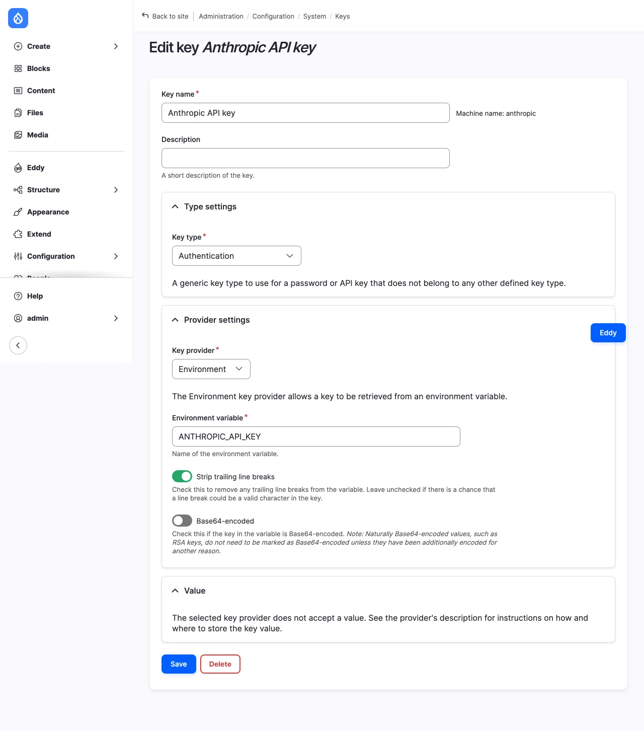 The key's form: Authentication type, the Environment provider and the ANTHROPIC_API_KEY variable.